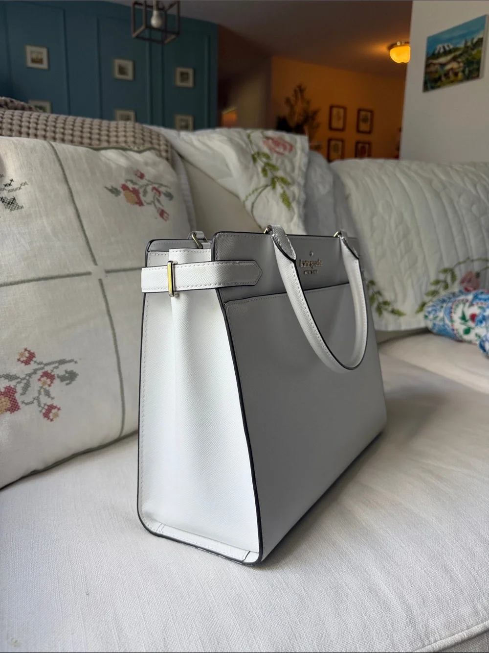 kate spade White Staci Large Satchel with Gold Logo